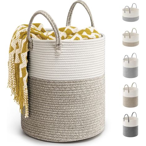 Woven Cotton Laundry Basket D35 x H40 CM Cotton Rope Storage Basket 39L Folding Large Capacity Laundry Bins with Handle Suitable for Home Decor (Brown) (1/5)