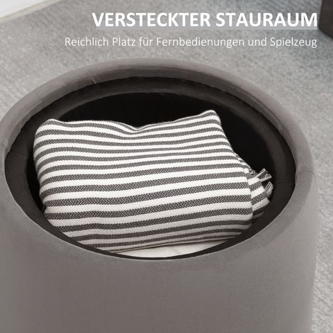 2-en-1 Tabouret en velours aspect avec rangement intérieur et couvercle amovible, Ø44 cm x 47,5 cm, Gris (1/4)