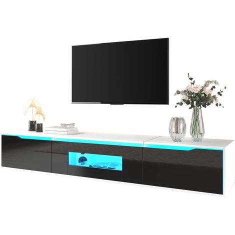 Vitrine et meuble TV modernes, finition laquée noire et blanche, avec éclairage LED à couleurs changeantes (façade en noir laqué).