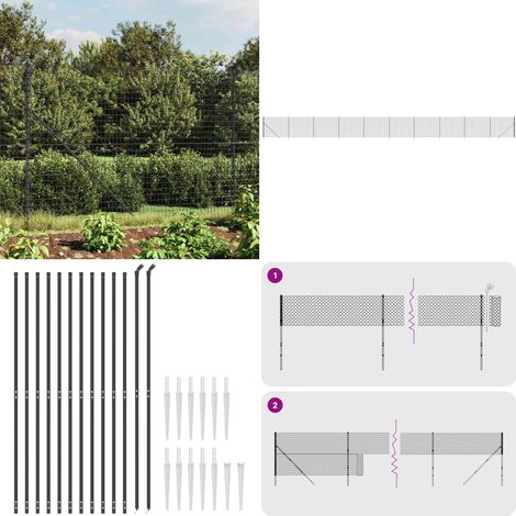 Recinzione Metallica con Picchetti Ancoraggio Antracite 2,2x25m - Recinzione da giardino - Recinzione per animali
