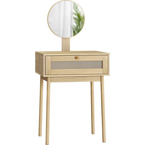 Console de maquillage en rotin avec miroir rond, compacte pour chambre à coucher, sans chaise (1/5)