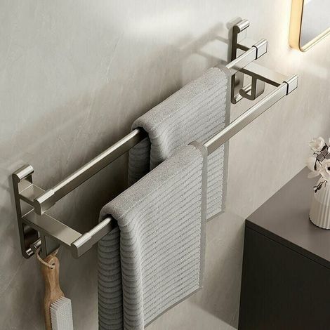 Portasciugamani da bagno Ulisem, senza fori, portasciugamani a doppio braccio, portasciugamani da bagno in alluminio a doppio spazio, portasciugamani autoadesivo, grigio metallizzato (1/5)