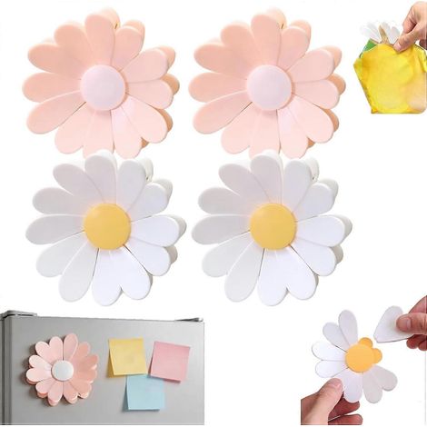 Pinces magnétiques marguerite 6 pétales, pinces à sachets fleuries, aimants réfrigérateur fleurs 3D 4 motifs assortis (2 pièces) (1/5)