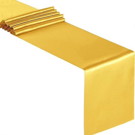 Chemin de table luxueux en satin uni doré, 30 x 274 cm, idéal pour buffets, mariages et occasions spéciales. (1/5)