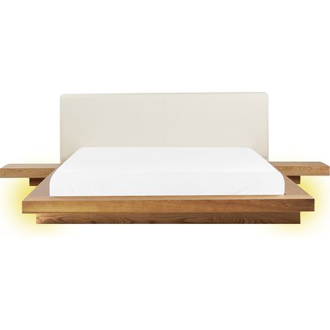 Cama LED moderna con plataforma mesitas de noche cabecero de piel sintética MDF madera de fresno natural 160 x 200 cm Zen