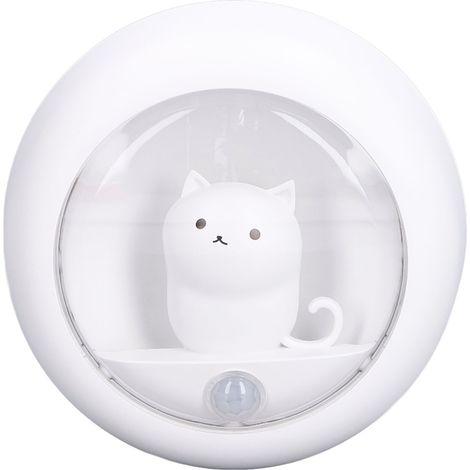 Veilleuse LED à détecteur de mouvement avec chat mignon, rechargeable par USB, blanche, créative pour armoire ou chambre. (1/5)