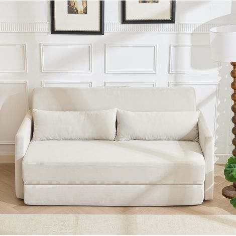 Canapé-lit 2 places pliable en tissu côtelé beige 165 x 92 x 82 cm avec 2 coussins (1/5)