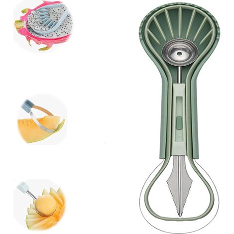 Set 3 in 1 per scolare il melone, paletta per anguria e coltello da intaglio, gadget da cucina, verde (1/5)