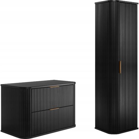 Rodan Badmöbel Set Schwarz Matt, Waschbeckenunterschrank 41,5 x 80 x 51,7 cm und Hochschrank 35 x 139 x 31 cm, feuchtraumgeeignet