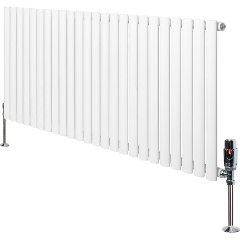 Radiateur à Colonnes Ovales & Vannes 1 Panneau 600 x 1440 mm en Acier Carbone Blanc Chauffage Centrale Moderne Horizontale Monté Sur Mur Cuisine [Brosse de Nettoyage & Supports INCLUSES]