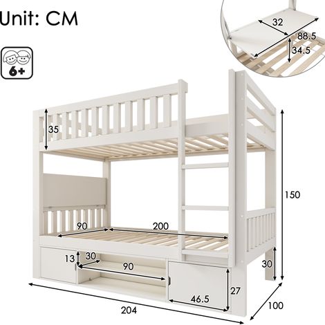 Lit mezzanine enfant 90 x 200 cm blanc avec table pliante et porte-chaussures intégré. Cadre à lattes économe d'espace certifié EN 747