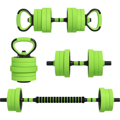 Ensemble d'haltères 4 en 1, 20 kg, réglable, comprenant haltères, barre, kettlebell et poignées pour pompes (vert). (1/5)