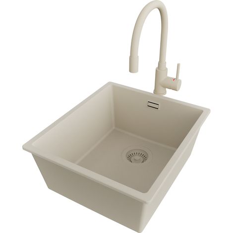 PRIMAGRAN Evier Sous Plan 41x47cm,Evier en Granit 1 bac + Robinet 38x14cm + Kit de Vidage, Évier au meuble 45cm - London, Beige (1/5)