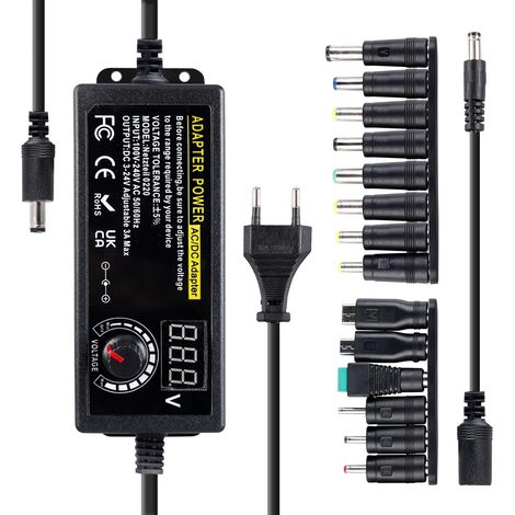 Adaptateur Secteur Universel 3 V-24 V, Adaptateur d'alimentation Réglable 72w, Alimentation Universelle, 100 V-240 V AC Chargeur Universel avec 14 Embouts DC pour L'Électronique Domestique (1/5)