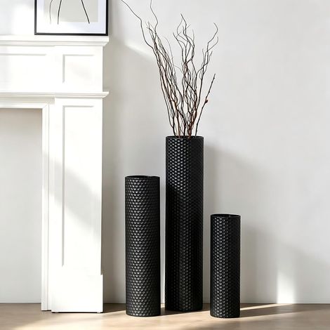 Lot de 3 vases cylindriques hauts en métal noir - Structure moderne en nid d'abeille - Grands vases sur pied pour salon (hauteur jusqu'à 70 cm, décoration de la pièce) (1/5)