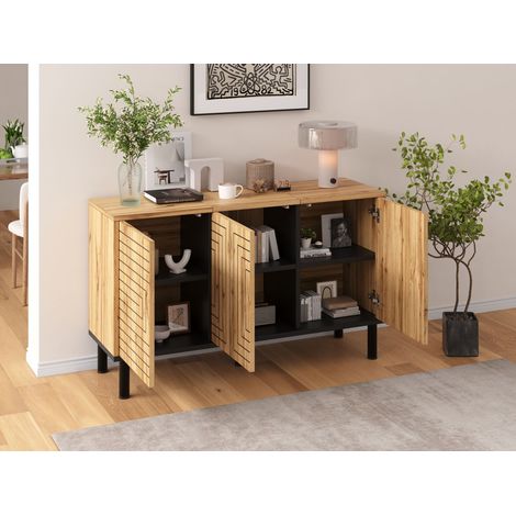 Buffet avec motif ondulé, 3 portes avec mécanisme à rappel, armoire de rangement MDF pour salle à manger, bureau & salon, charge 50kg, armoire de cuisine, armoire de rangement, couleur bois, 120×35×68 (1/5)