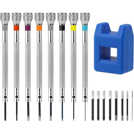 8-teiliges Uhrmacher-Schraubendreher-Set mit Entmagnetisierer, 06–20 mm Präzisionsschraubendreher-Set mit 8 Ersatzköpfen für Uhren, Brillen und Schmuck. (1/4)