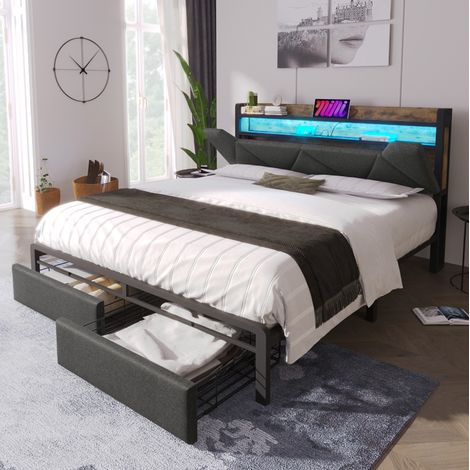 Letto imbottito in lino grigio 140x200 cm con LED, USB-C, testiera contenitore, 2 cassetti e rete a doghe (1/5)