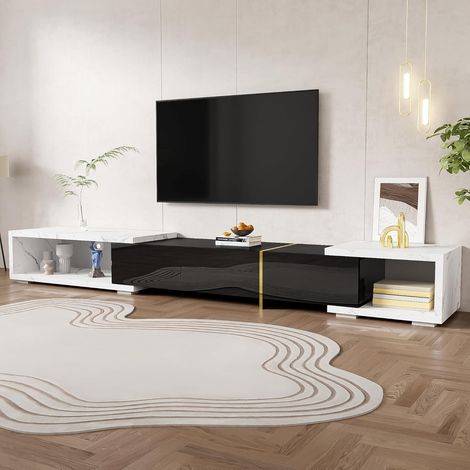 Meuble TV bas pivotant, aspect marbre noir, finition mate et brillante, 140 x 40 x 30 cm, MDF et contreplaqué, noir et blanc