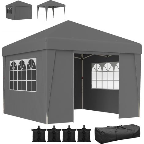 Gazebo da giardino pieghevole 3 x 3 x 2,75 m, protezione UV 30+, con finestre, pannelli laterali e borsa per il trasporto grigio scuro.