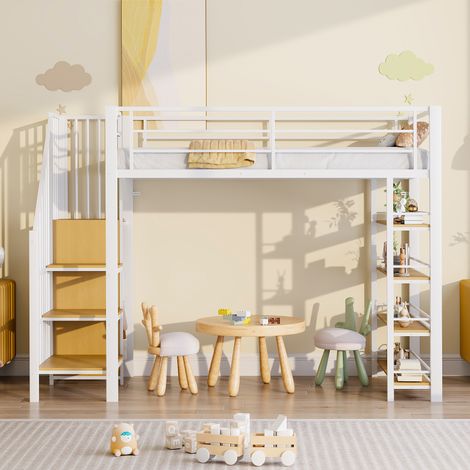 Letto a soppalco moderno 90x200 cm in metallo bianco con scala contenitore, piccolo armadio, ripiani e sponde alte (1/5)