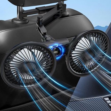Ventilateur de voiture rechargeable pour banquette arrière (enfants et bébés) – Double tête, affichage LED, 3 vitesses, rotation à 360°, alimentation USB – Pour appuie-tête de voiture, SUV et berline (1/5)