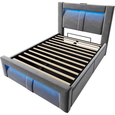 Lit simple 90x200 cm avec rangement, lit hydraulique, éclairage LED avec commande par application, ports de charge USB et Type-C, velours, tête de lit au design incurvé, gris, sans matelas (1/5)
