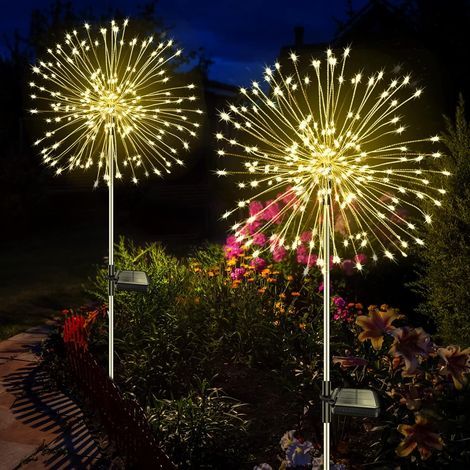 Lampe Solaire Exterieur Jardin 2 Pièces 120 LED Feu d'artifice Solaire, 8 Modes Étanche Lumière Lampes solaires de pissenlit pour Jardin Pelouse Terrasse Noël Décoration-Karteo (1/5)