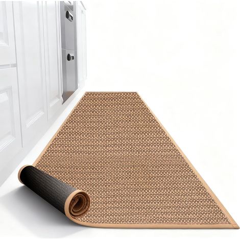 43,5 × 180 cm - Tapis de cuisine lavable et antidérapant : tissu coupé, absorbant, aspect sisal - Pour entrée, cuisine, salon, marron (1/5)