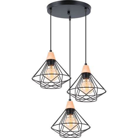 Suspension 3 Lampes Lustre Plafonnier Industrielle Cage en Métal E27 40W Noir (1/5)
