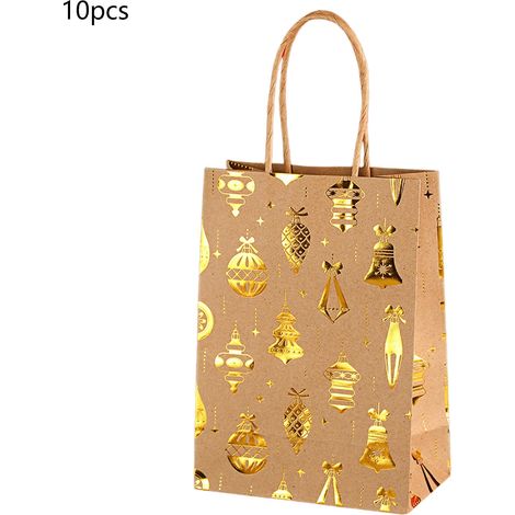 Sac Cadeau Noël - Papier Kraft avec Poignées - Motif Flocon Boule Arbre Renne - 21 x 15 x 8 cm - Lot de 12