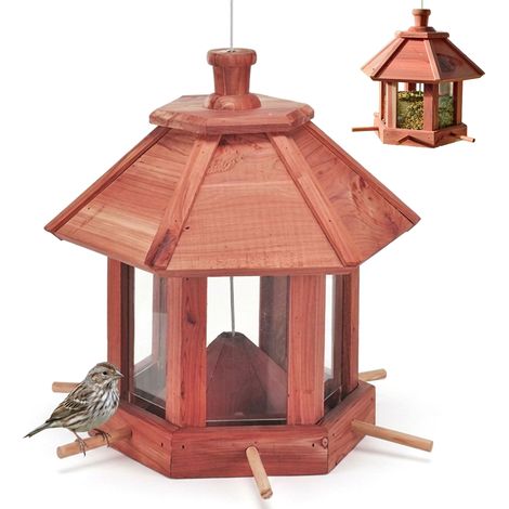 Mangeoire Oiseaux Bois Cèdre FISHTEC 6 Emplacements Toit Amovible Vitres Plastique (1/5)