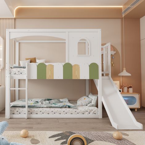 MEUBLIV Etagenbett 90x200 cm Weiß – Hausrahmen mit Rutsche, ohne Matratze (1/5)