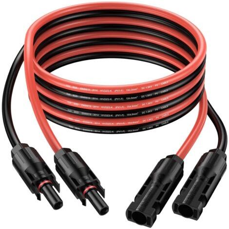 6m 2xCâbles d'Extension 4 mm²/12 AWG pour Panneau Solaire Photovoltaique avec IP68 Etanche avec Connecteurs Femelle et Mâle sur Câble de raccordement (3 m Rouge + 3 m Noir) (1/5)