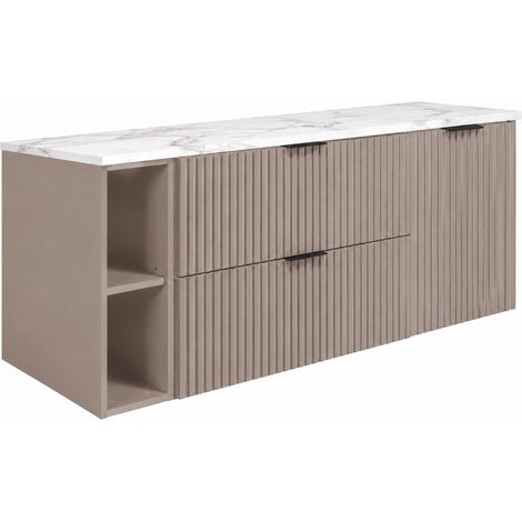 Set di mobili da bagno, 2 cassetti, 1 anta, chiusura ammortizzata, cesto portabiancheria, Cashmere / piano Marmo, maniglie nere, 140 x 46 x 57 cm (1/5)