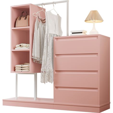 Kleiderschrank mit 4 Schubladen, 3 Offenen Ablagen und 1 Kleiderstange, für Schlafzimmer oder Flur, Spanplatte, Rosa (1/5)
