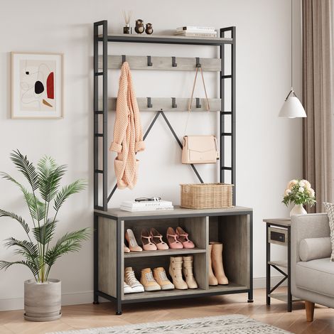 Banc porte-manteau industriel 5-en-1, crochets réglables, casiers, range-chaussures