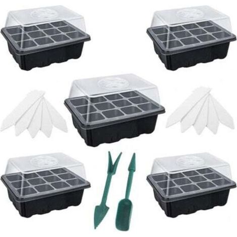 Lot de mini-plateaux de semis noirs, plateaux de semis pour potager de serre avec 12 trous, outils de plantation et étiquettes pour plantes (1/4)