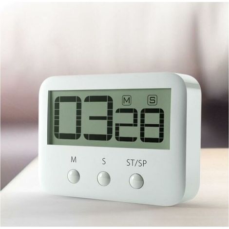 Temporizador de cocina magnético con gran pantalla LCD, cronómetro, alarma potente y temporizador de cuenta atrás, color blanco.