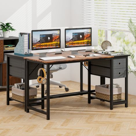 Bureau Moderne 140 cm avec 2 Tiroirs, Crochet de Suspension et Étagère Marron Rustique et Noir CW19861 (1/3)