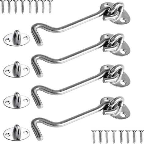 Loquet de porte (lot de 4), crochet de loquet, loquet de porte en acier inoxydable de 10 cm, loquet de portail pour serrures de porte de grange, fenêtre de salle de bain, porte coulissante (argenté)