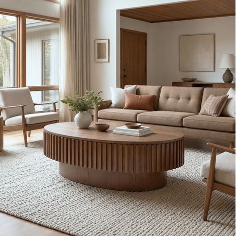 Ovale Couchtisch 98 cm mit verstecktem Stauraum, Nussbaumoptik, MDF mit Holzfurnier HAVRYA (1/5)