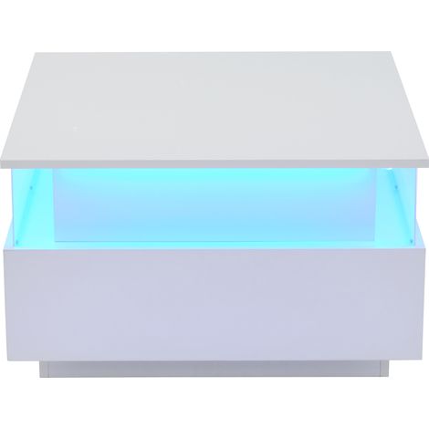 Hochglänzender weißer LED-Couchtisch 70x70x41 cm mit 2 Schubladen und transparentem Fach (1/5)