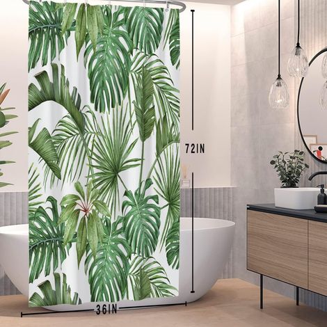 90x183cm Aquarelle Vert Feuilles de Palmier Rideau de Douche Été Tropical Plantes Botaniques de Bain Feuille de Banane Monstre Avec Crochets (1/5)