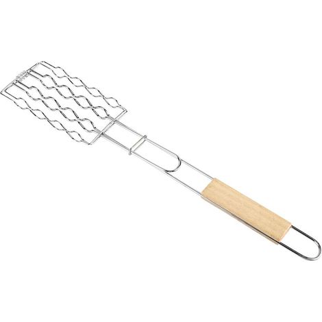 1 panier à saucisses pour barbecue, grille en métal avec poignée en bois et clip de fixation. (1/5)