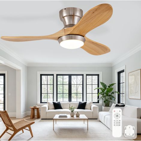 Ventilateur de plafond silencieux réversible à 6 vitesses, profil bas pour plafond bas, bois naturel, sans éclairage (1/5)