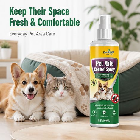 KineShineX Pet Anti-Milbenspray eignet sich für Katzen und Hunde und dient zur Reinigung und Pflege von Haustierbetten, Sofas, Teppichen und anderen Textilien. (1/4)