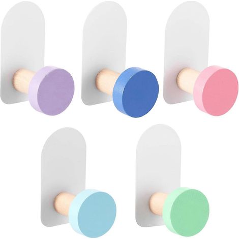 Lot de 5 crochets pour enfants, crochets ronds en bois auto-adhésifs sans trou, multifonctionnels, pour ustensiles de cuisine et clés. (1/5)