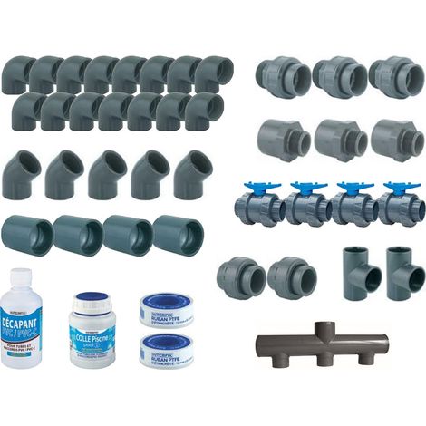 Kit complet de pièces à sceller de piscine 8 x 4 m – Raccords Ø 50 mm en PVC – 15 coudes à 90° et 4 vannes à coller – Aquazendo