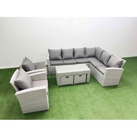 Fimous Rattan Garden Furniture Set 7 Pieces Outdoor Garden Sofa Oblong Coffee Table Set with 2 Chairs 2 Small Footstools Light Grey Mixed (1/5)